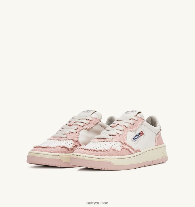 baskets basses medalist bicolores en cuir de chèvre souple et toile effilochée blanc et rose poudré 28NX00239 suisse femmes Autry