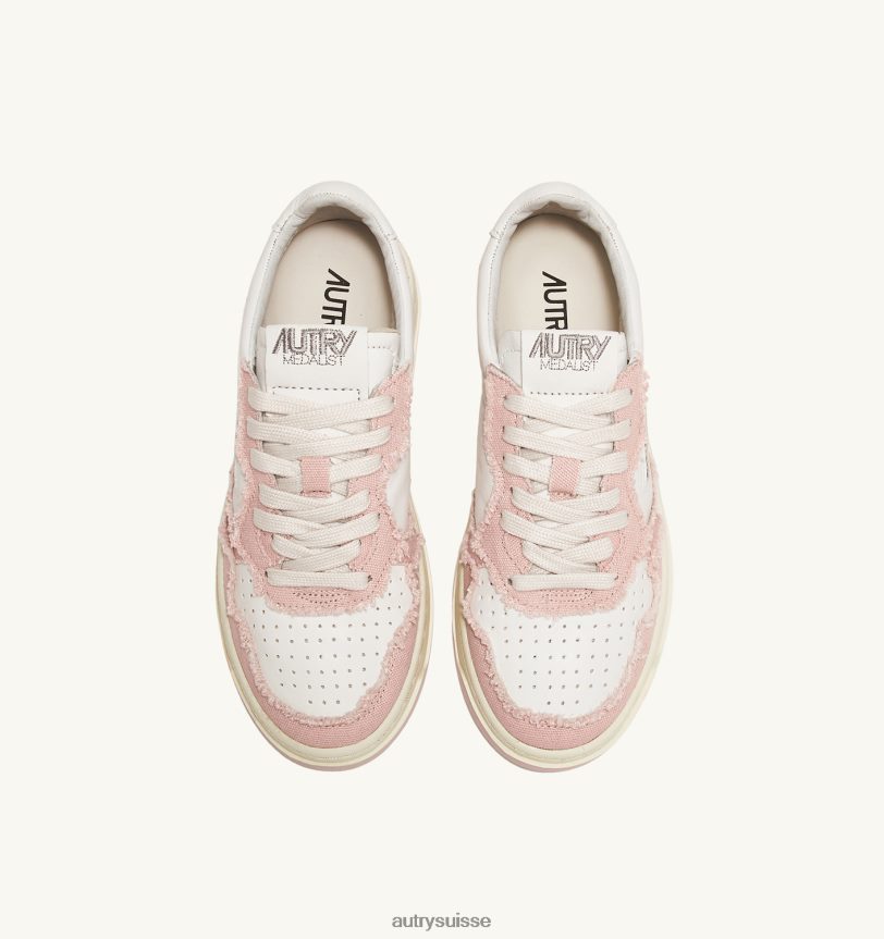 baskets basses medalist bicolores en cuir de chèvre souple et toile effilochée blanc et rose poudré 28NX00239 suisse femmes Autry