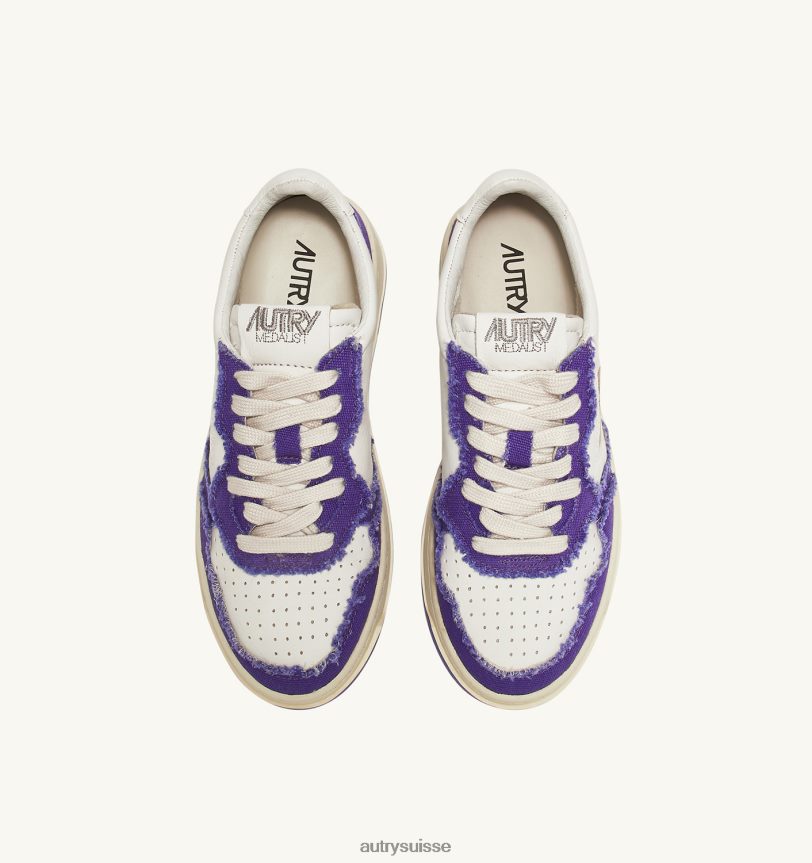 baskets basses medalist bicolores en cuir de chèvre souple et toile effilochée blanc et violet 28NX00241 suisse femmes Autry