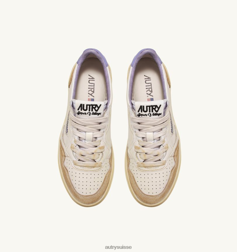 baskets basses super vintage en cuir effet jaunissant blanc et lavande 28NX00267 suisse femmes Autry