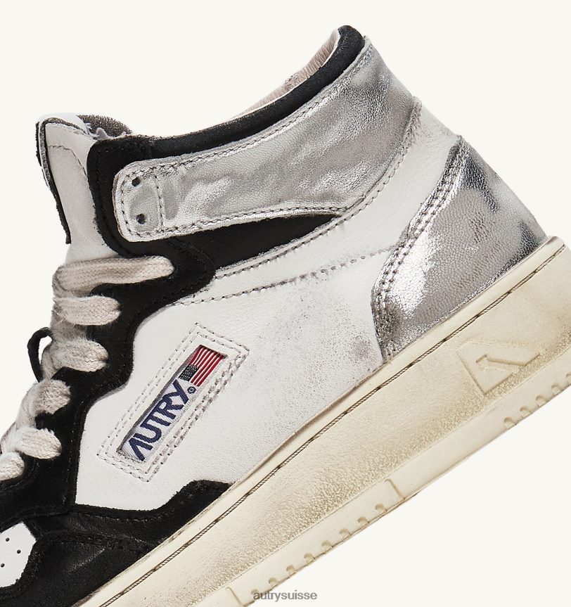 baskets super vintage mid en cuir blanc noir et argent 28NX00204 suisse femmes Autry
