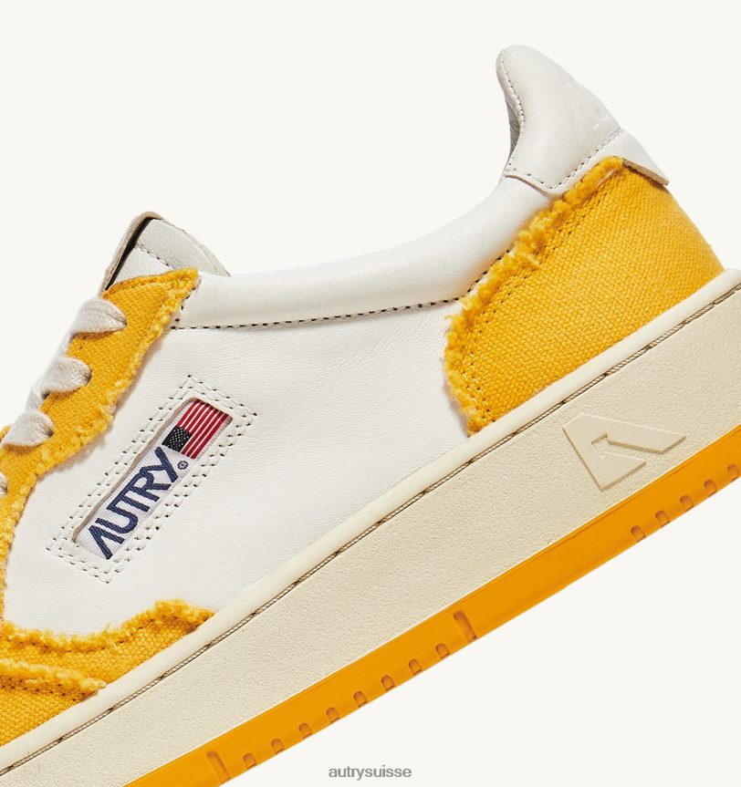 baskets basses medalist bicolores en cuir de chèvre souple et toile effilochée blanc et mangue 28NX0048 suisse Hommes Autry